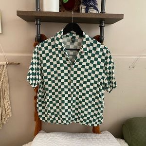 Green Checkered Button Down crop top
